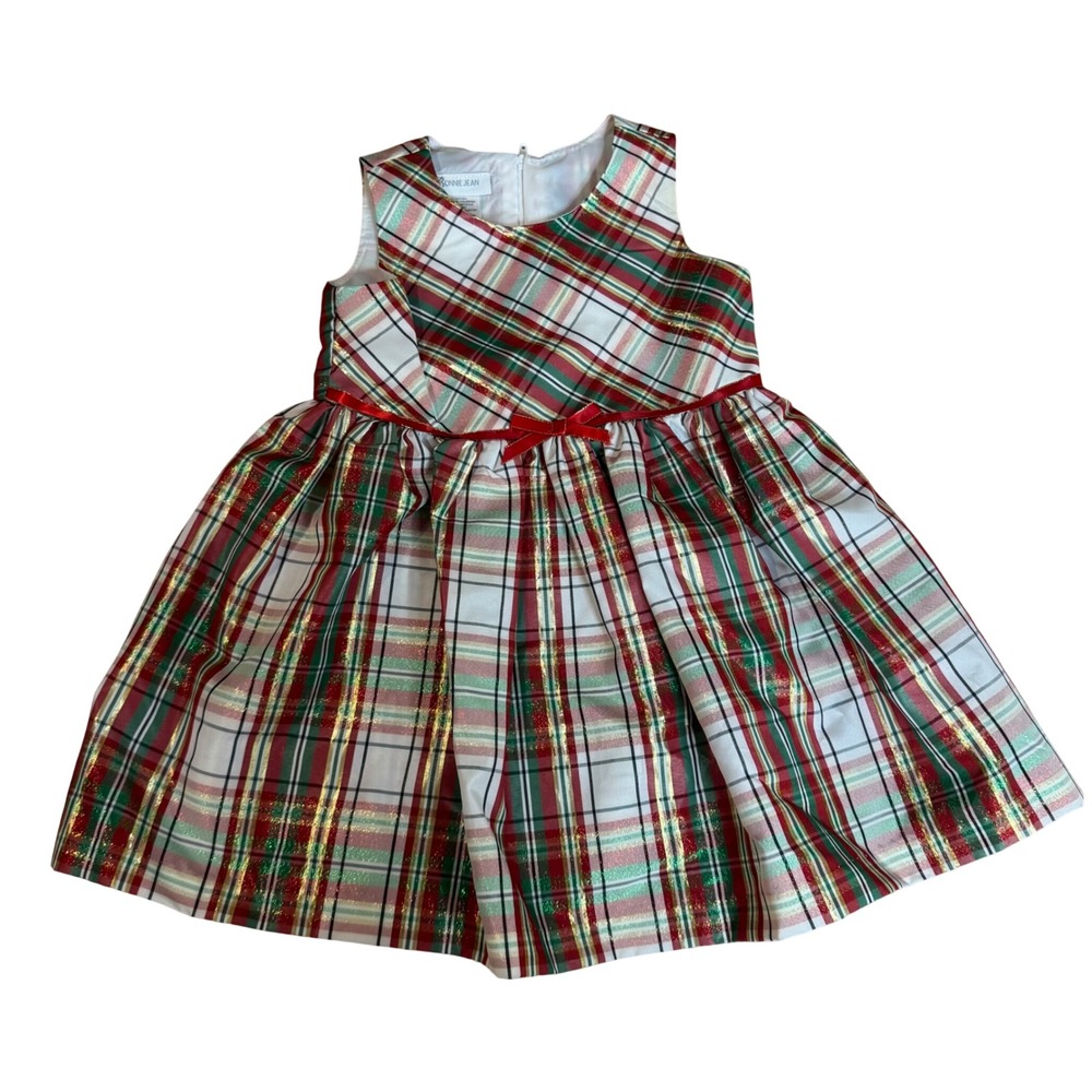 Bonnie Jean Dress Kids Plaid Metallic Holiday Party Red 3T